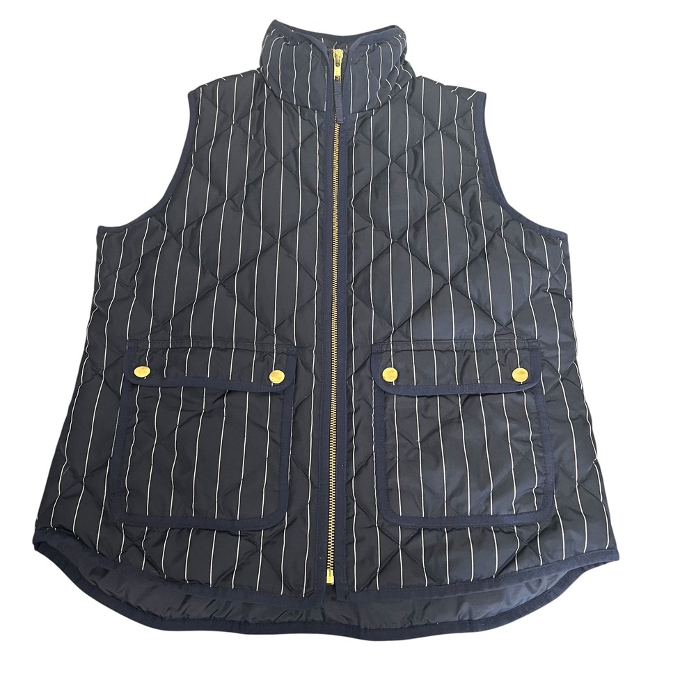 J.Crew Womens Excursion Quilted Pinstripe Vest Navy Blue Down Fill Small Preppy